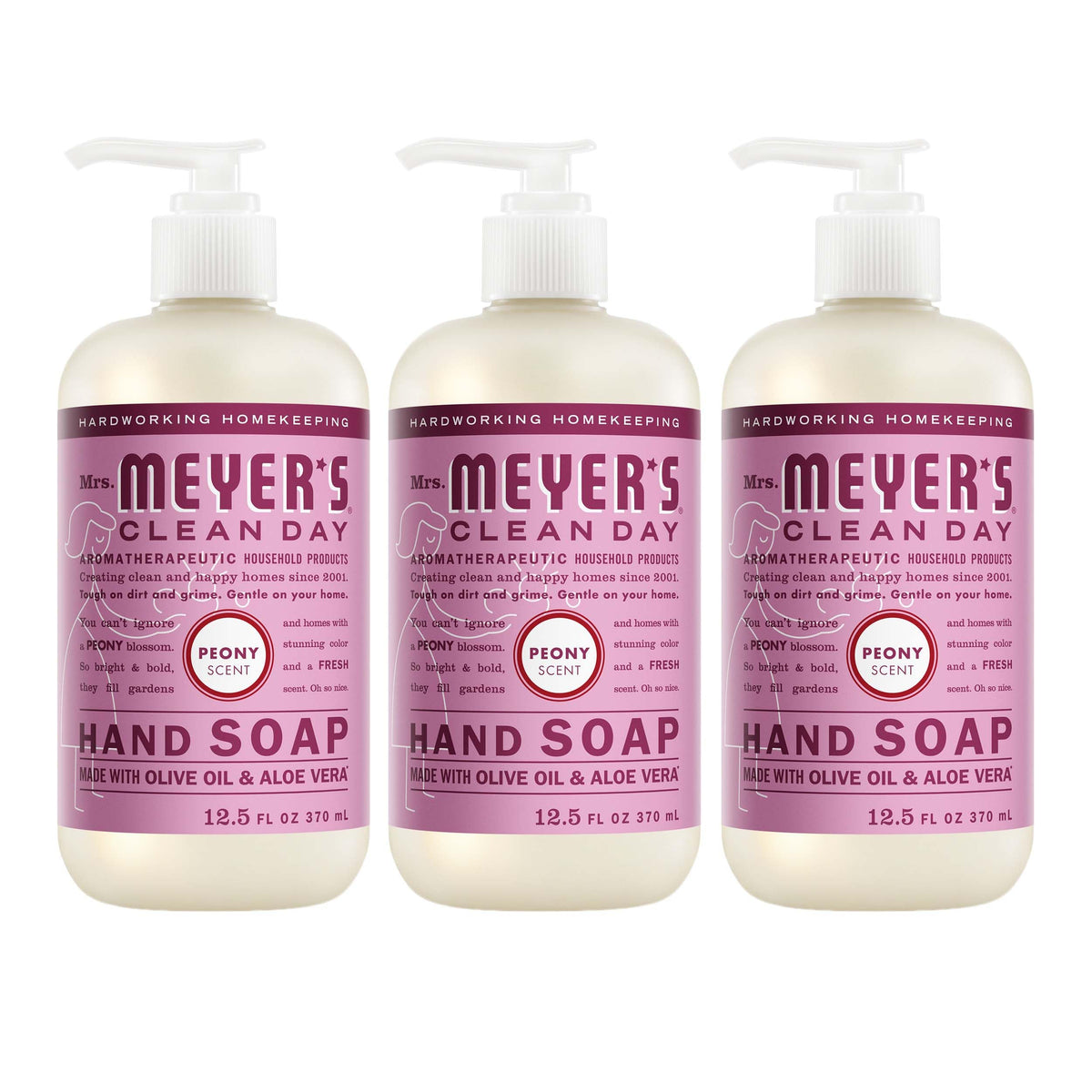 Mrs. MEYER'S front bottle view showing peony scent and clear label, promotes gentle cleaning