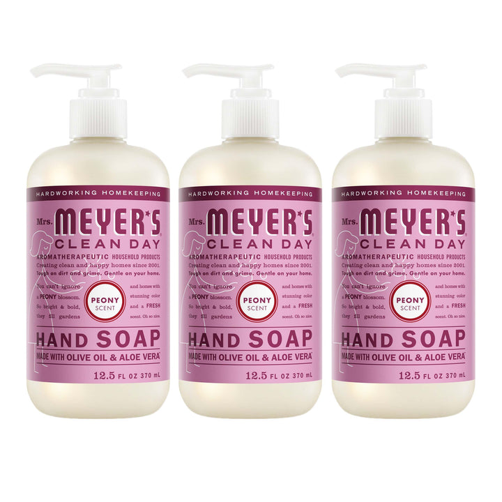 Mrs. MEYER'S front bottle view showing peony scent and clear label, promotes gentle cleaning