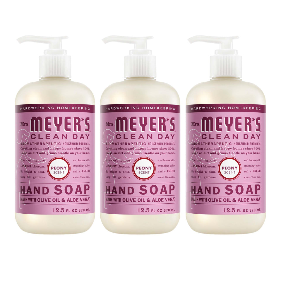 Mrs. MEYER'S front bottle view showing peony scent and clear label, promotes gentle cleaning