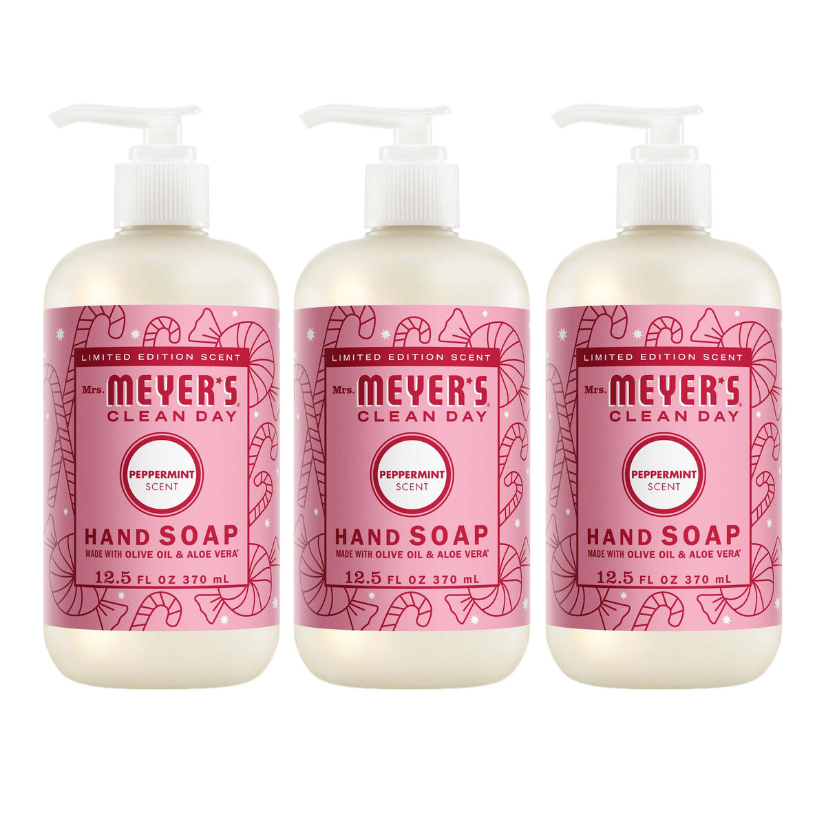 Mrs. MEYER'S front-pack showing three peppermint bottles and refreshing benefits