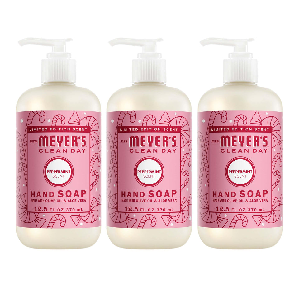 Mrs. MEYER'S front-pack showing three peppermint bottles and refreshing benefits