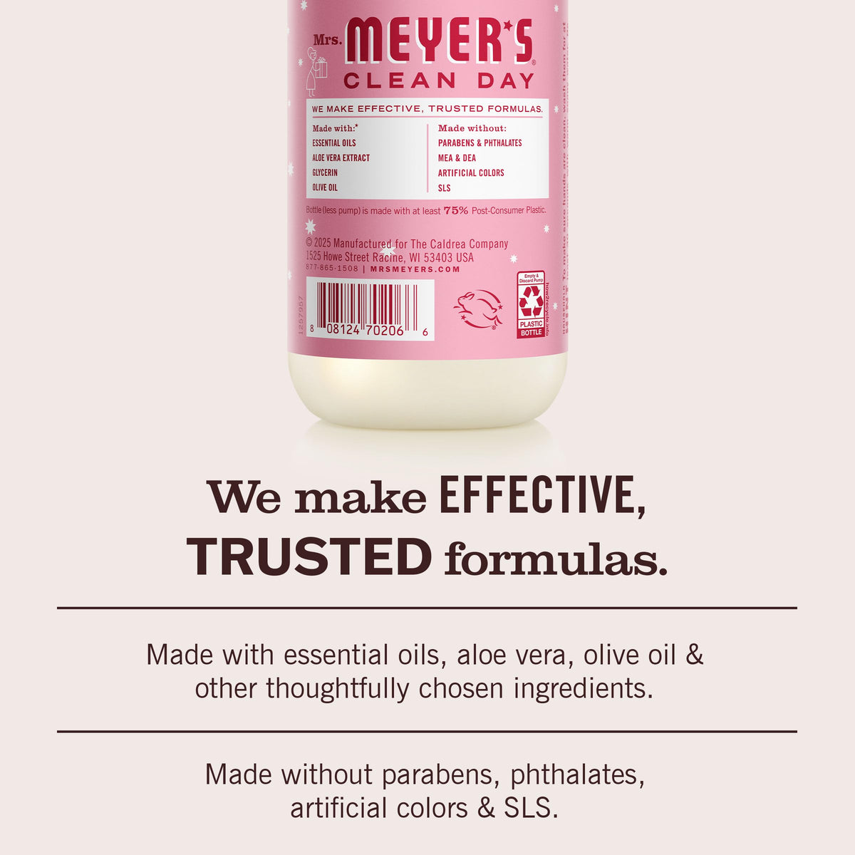Mrs. MEYER'S label detail highlighting peppermint scent and plant-based ingredients