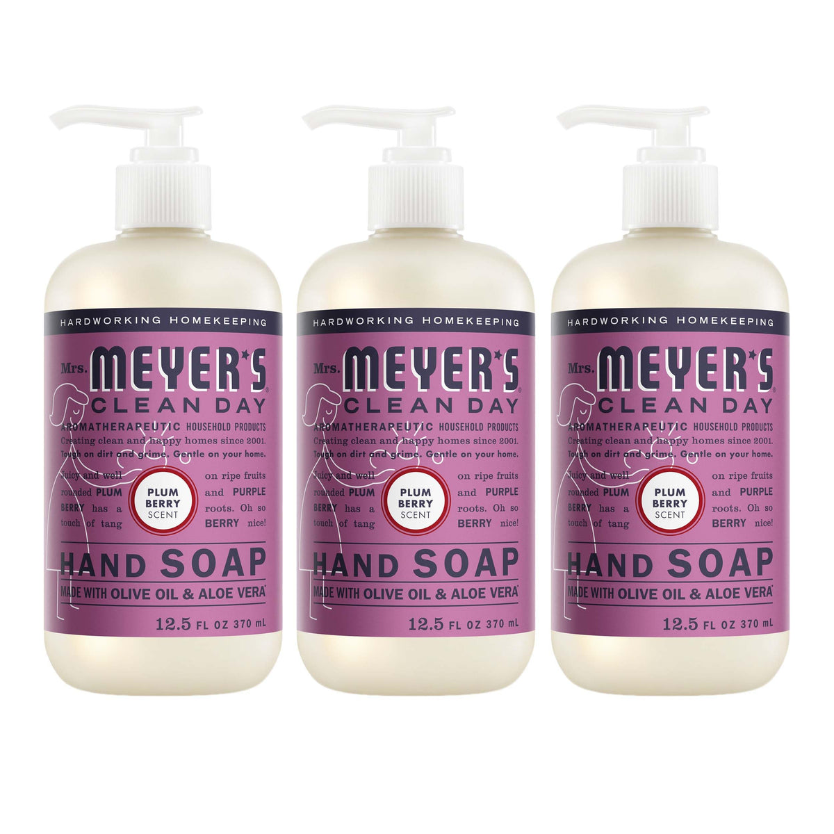 Mrs. Meyer's front packaging showing plum berry scent and bottle benefit