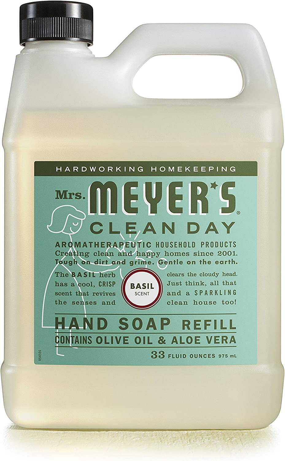 Mrs. MEYER'S pouring refill into dispenser demonstrating refill convenience and waste reduction