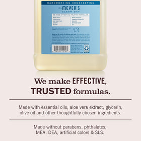 Mrs. MEYER'S Rain Water refill pouch staged on a bathroom counter for fresh scent