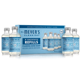 Mrs. MEYER'S front label of Rain Water concentrate showing scent and glass bottle, clear eco benefit