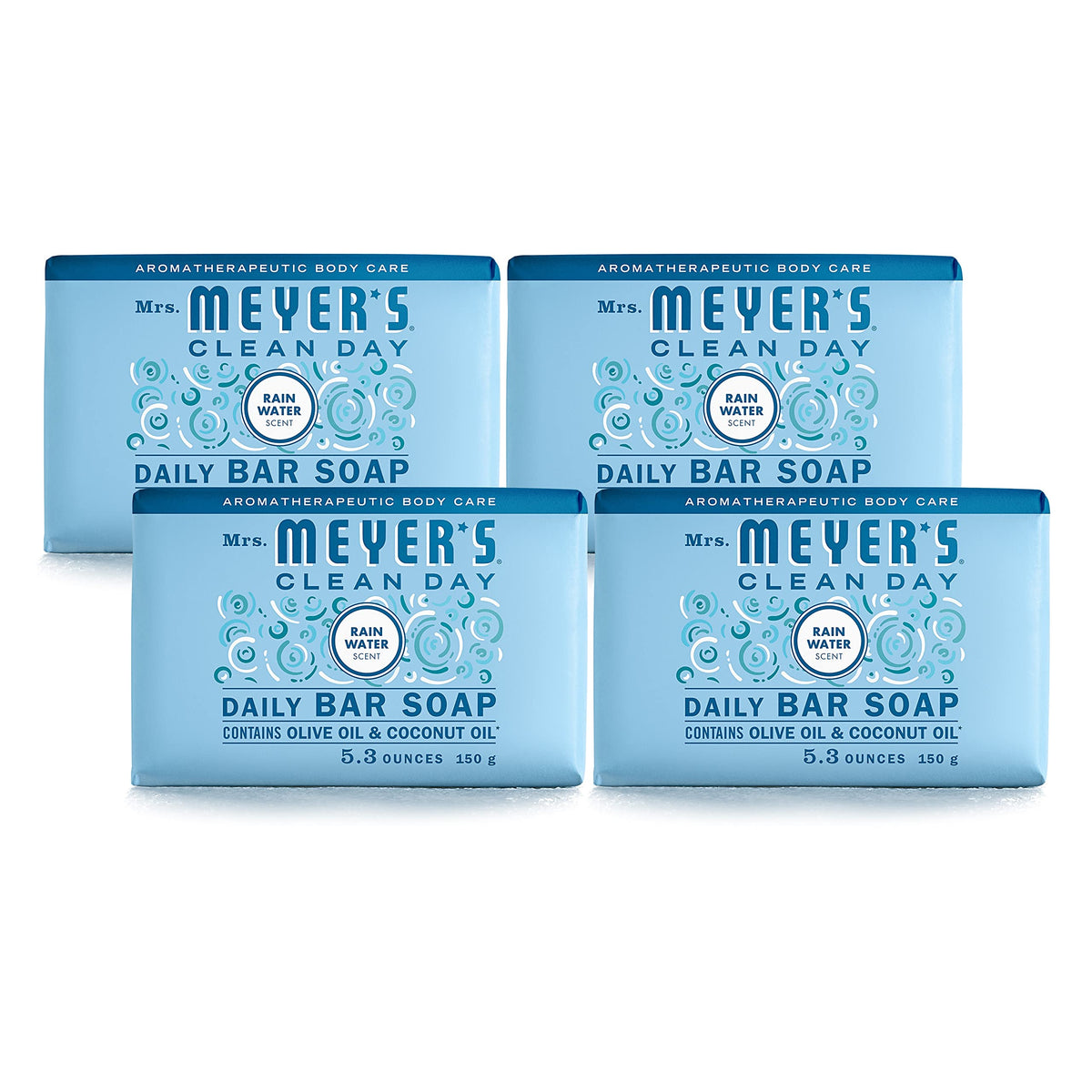 Mrs. MEYER'S front packaging showing four Rain Water bars and eco wrapper, highlights recyclable packaging