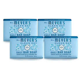 Mrs. MEYER'S front packaging showing four Rain Water bars and eco wrapper, highlights recyclable packaging