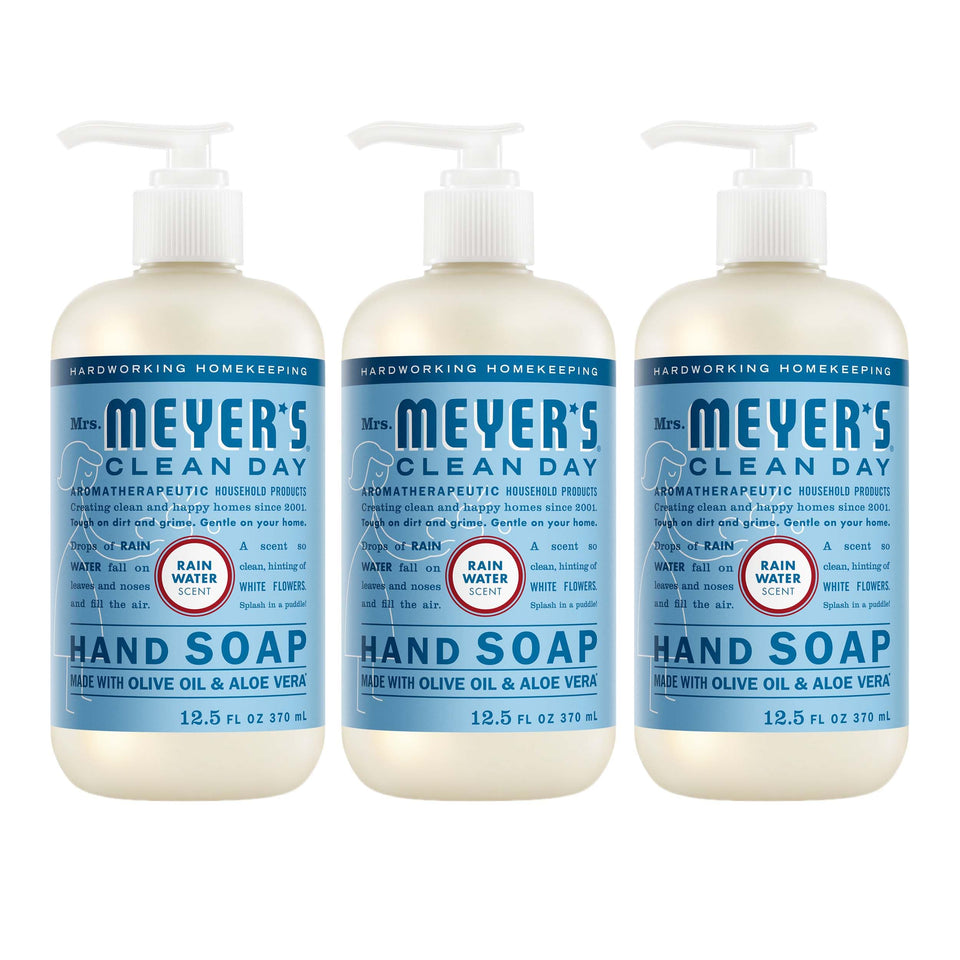 Mrs. MEYER'S front packaging showing three bottles and easy pump benefit