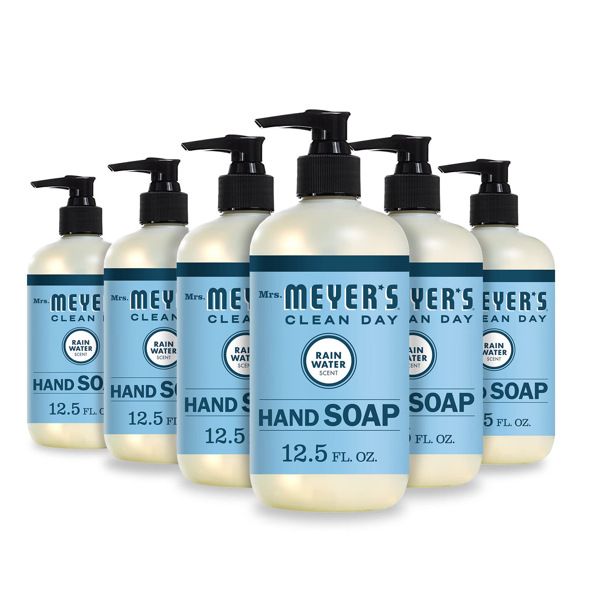 Mrs. Meyer's rain water hand soap front view showing bottle and label, brightens sinks