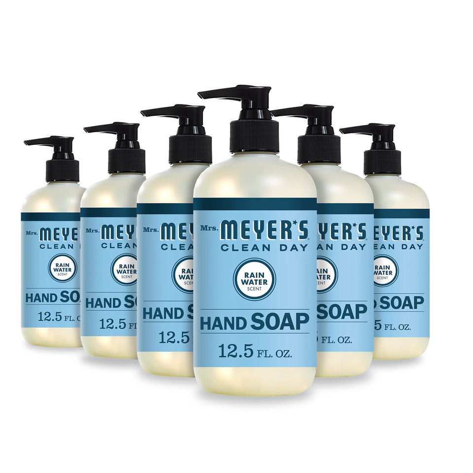 Mrs. Meyer's rain water hand soap front view showing bottle and label, brightens sinks