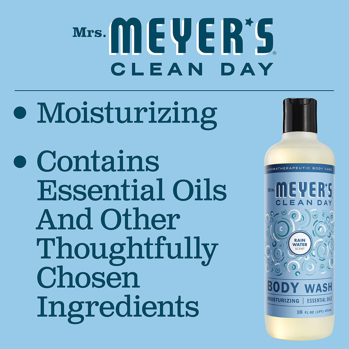 Mrs. MEYER'S close-up of ingredients showing aloe and flaxseed oil for softer skin