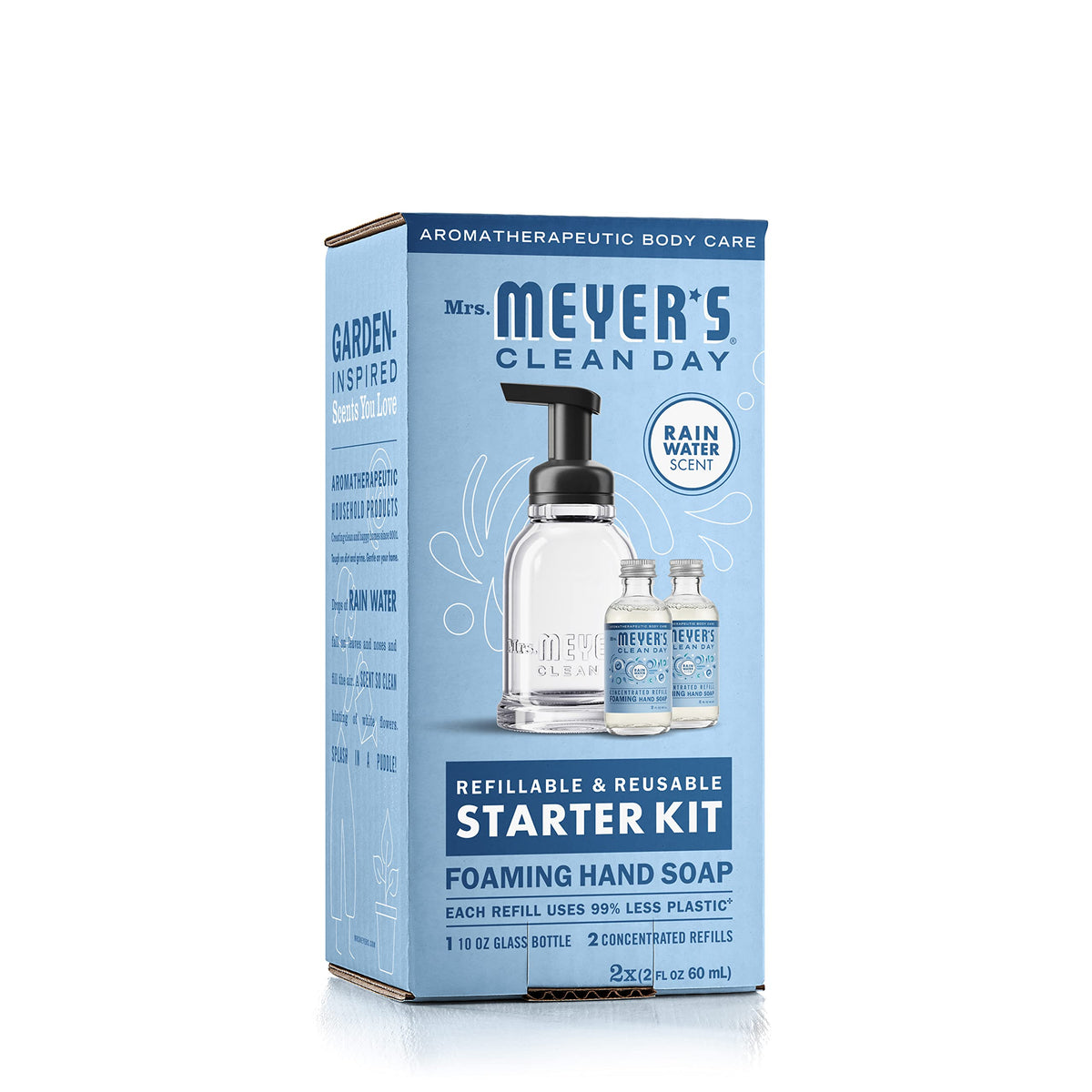 Mrs. MEYER'S Rain Water label close-up highlighting scent and clean ingredient benefits