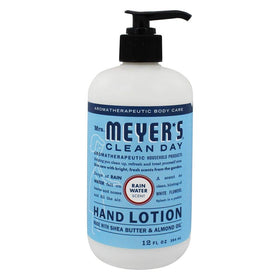 Mrs. MEYER'S pump dispensing lotion onto hand, demonstrating easy application and quick absorption