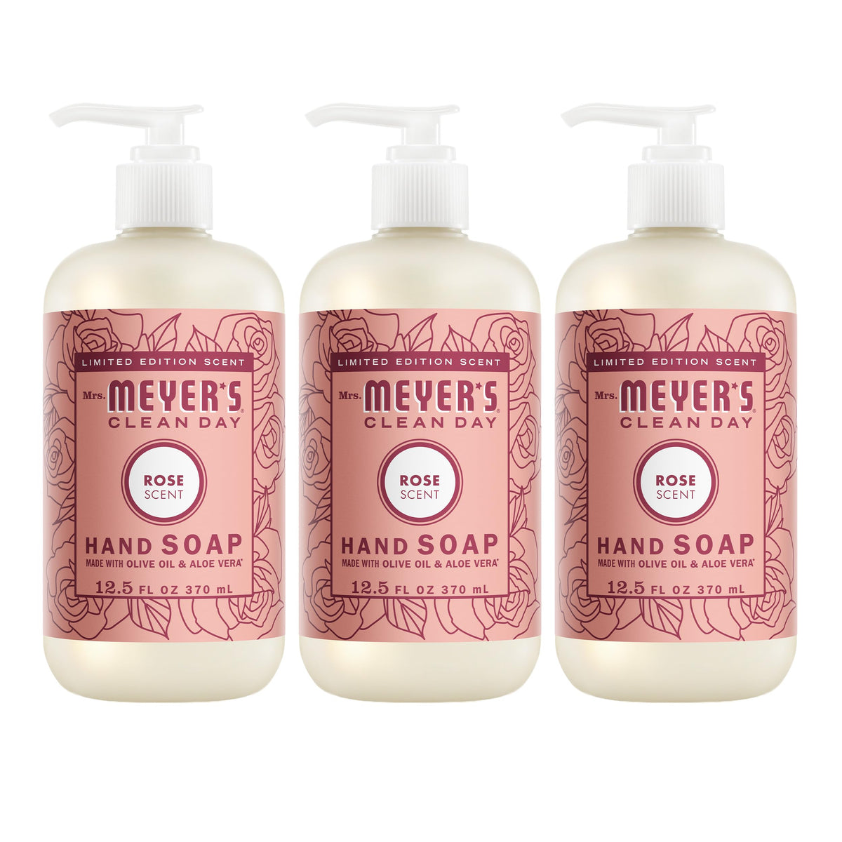 Mrs. Meyer's rose front packaging shows three bottles and garden-fresh scent