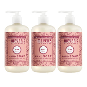Mrs. Meyer's rose front packaging shows three bottles and garden-fresh scent