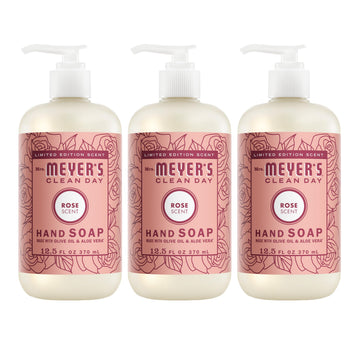Mrs. Meyer's rose front packaging shows three bottles and garden-fresh scent