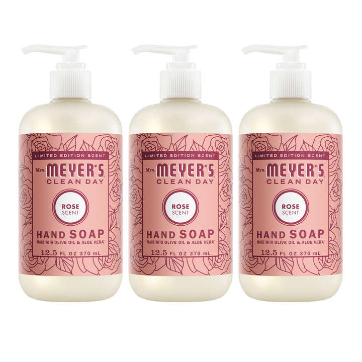 Mrs. Meyer's rose front packaging shows three bottles and garden-fresh scent