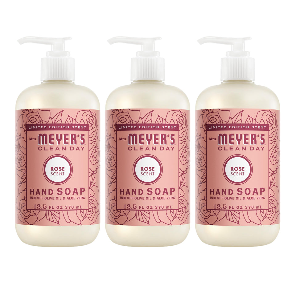 Mrs. Meyer's rose front packaging shows three bottles and garden-fresh scent