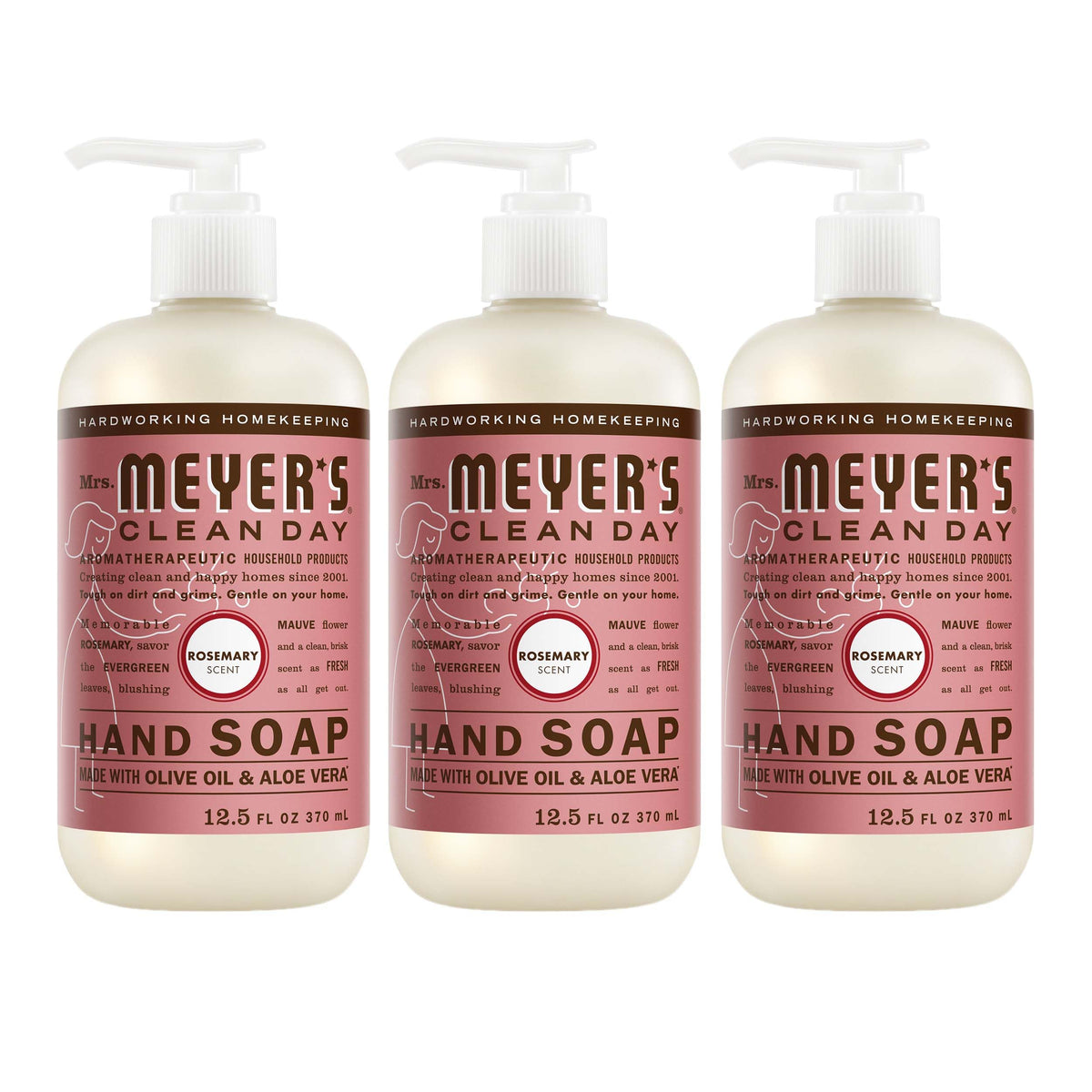Mrs. MEYER'S front packaging showing three rosemary soap bottles for easy restocking