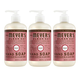 Mrs. MEYER'S front packaging showing three rosemary soap bottles for easy restocking