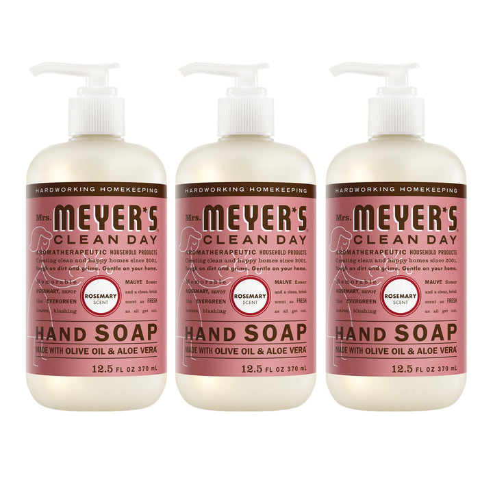 Mrs. MEYER'S front packaging showing three rosemary soap bottles for easy restocking