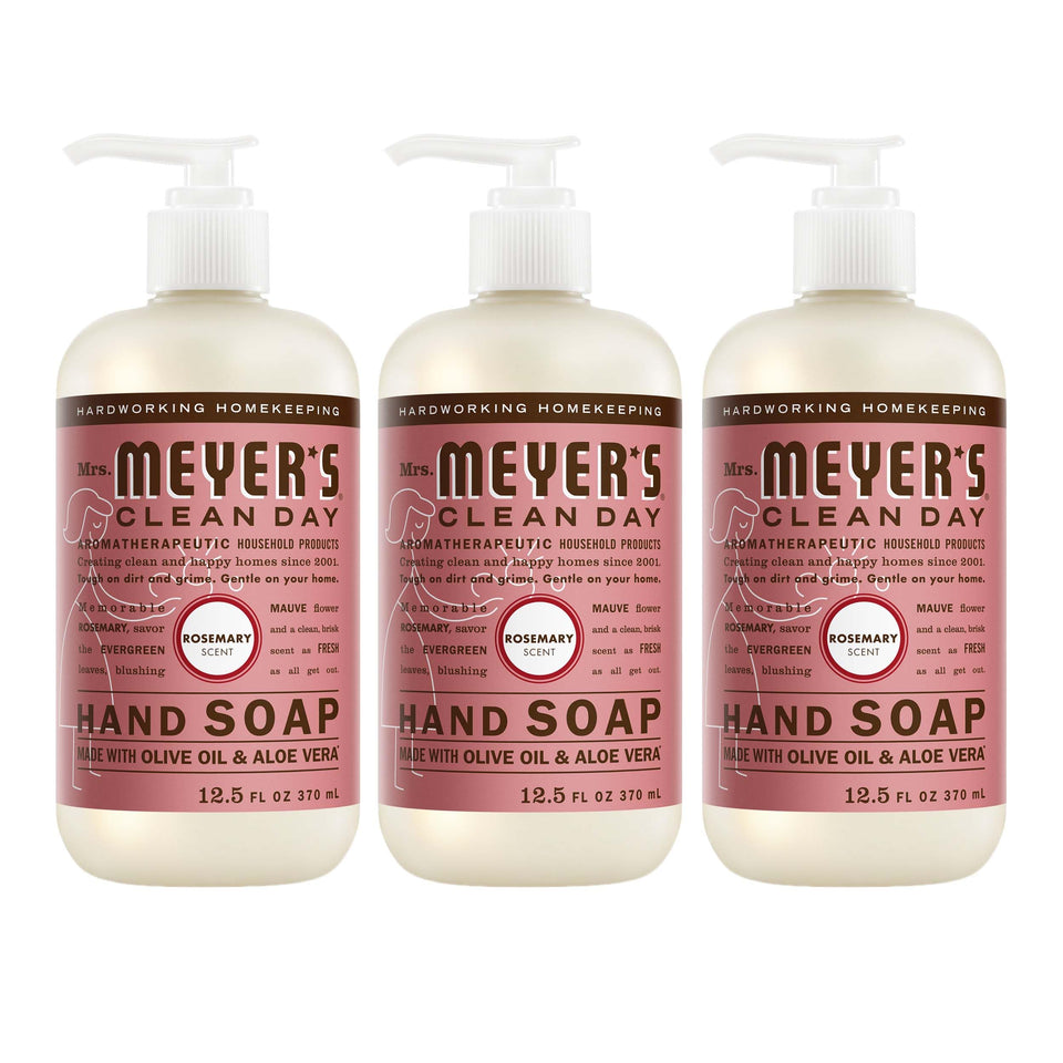 Mrs. MEYER'S front packaging showing three rosemary soap bottles for easy restocking