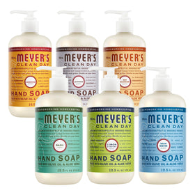 Mrs. MEYER'S six-pack front display showing all six scents and packaging benefits