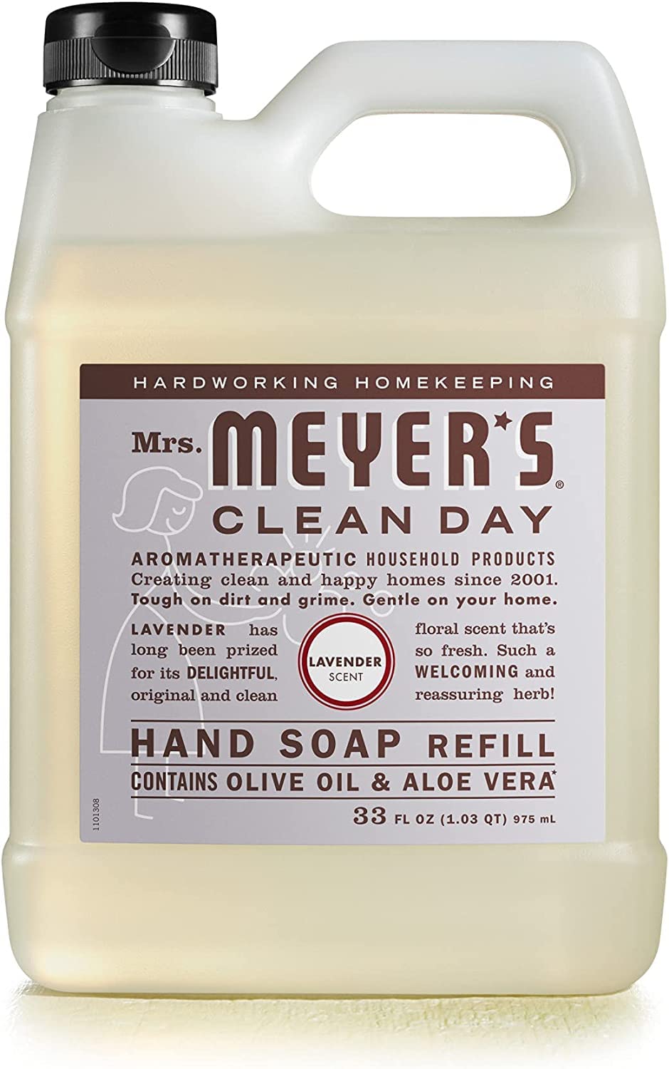 Mrs. MEYER'S bottle in hand showing 33-ounce scale and long-lasting supply