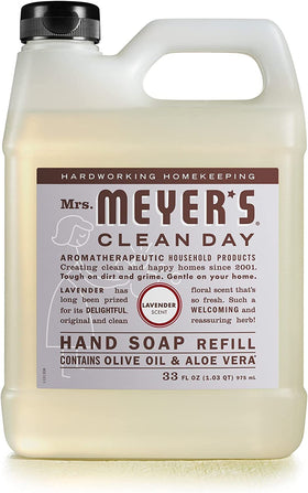 Mrs. MEYER'S bottle in hand showing 33-ounce scale and long-lasting supply