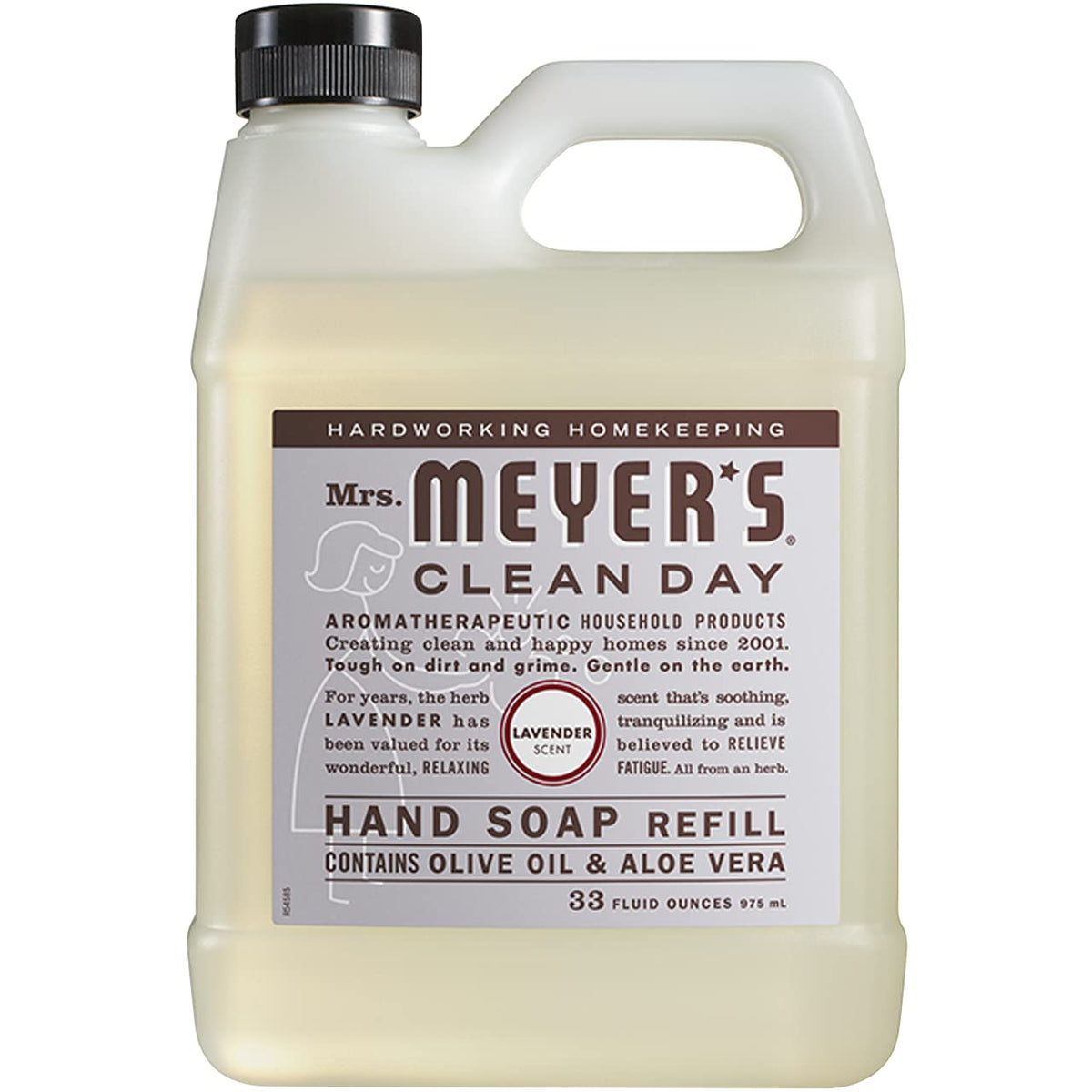 Mrs. MEYER'S bottle next to a hand for scale illustrating refill size and capacity