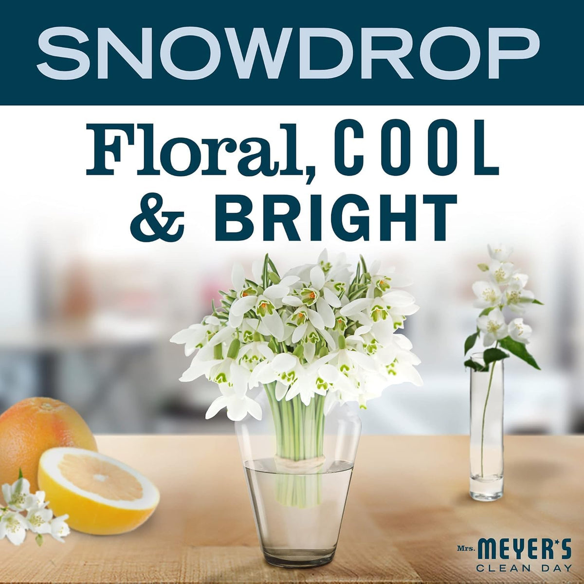 Mrs. MEYER'S bottles in kitchen setting conveying seasonal scent and everyday convenience