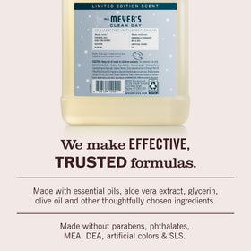 Close-up of Mrs. MEYER'S Snowdrop label highlighting scent notes and certifications