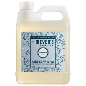 Mrs. MEYER'S front view of 33 fl oz Snowdrop refill showing packaging and scent