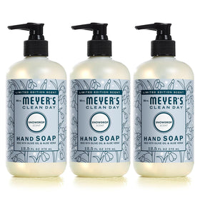 Mrs. MEYER'S front packaging showing Snowdrop scent and festive label for seasonal freshness
