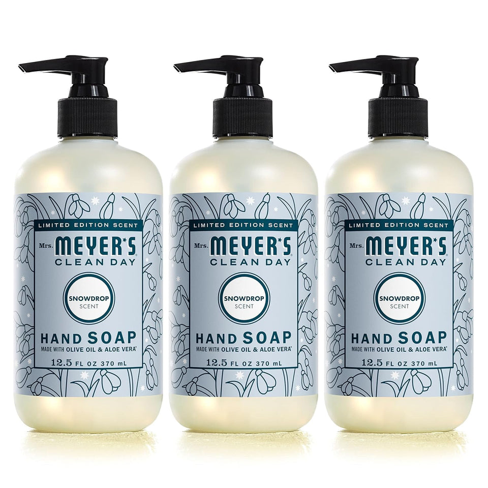 Mrs. MEYER'S front packaging showing Snowdrop scent and festive label for seasonal freshness
