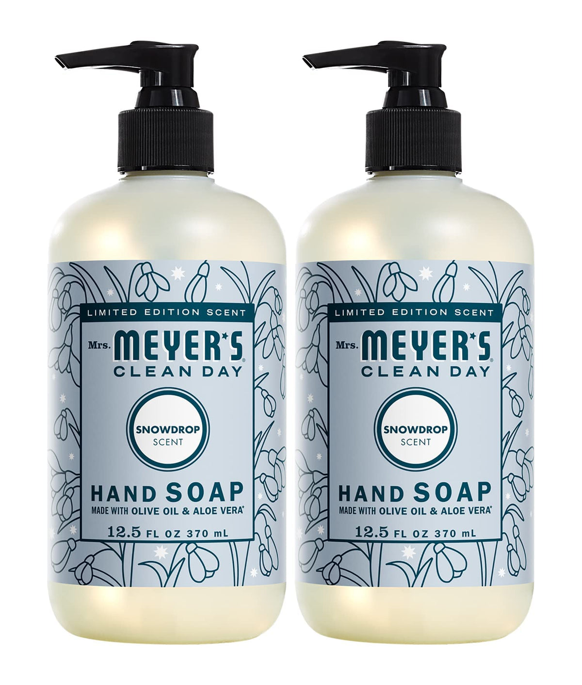 Mrs. MEYER'S front packaging showing Snowdrop scent and two 12.5 oz bottles for seasonal freshness