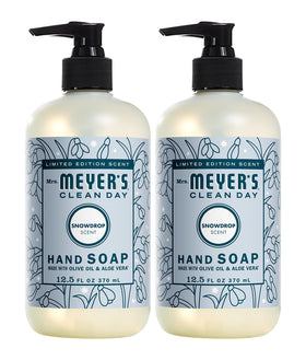 Mrs. MEYER'S front packaging showing Snowdrop scent and two 12.5 oz bottles for seasonal freshness
