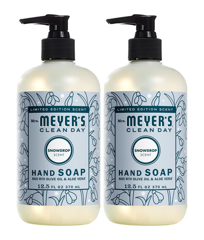 Mrs. MEYER'S front packaging showing Snowdrop scent and two 12.5 oz bottles for seasonal freshness