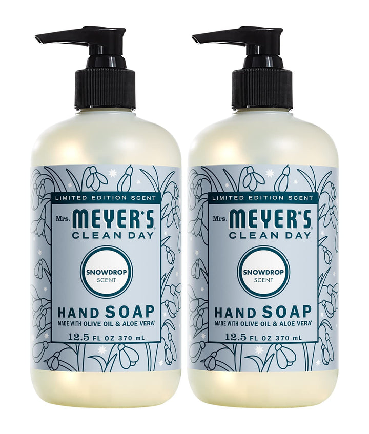 Mrs. MEYER'S front packaging showing Snowdrop scent and two 12.5 oz bottles for seasonal freshness