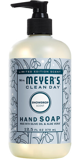 Mrs. MEYER'S label detail highlighting Snowdrop scent ingredients and clean formulation benefits