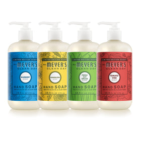 Mrs. MEYER'S front-packaging showing four summer soap bottles and variety benefit
