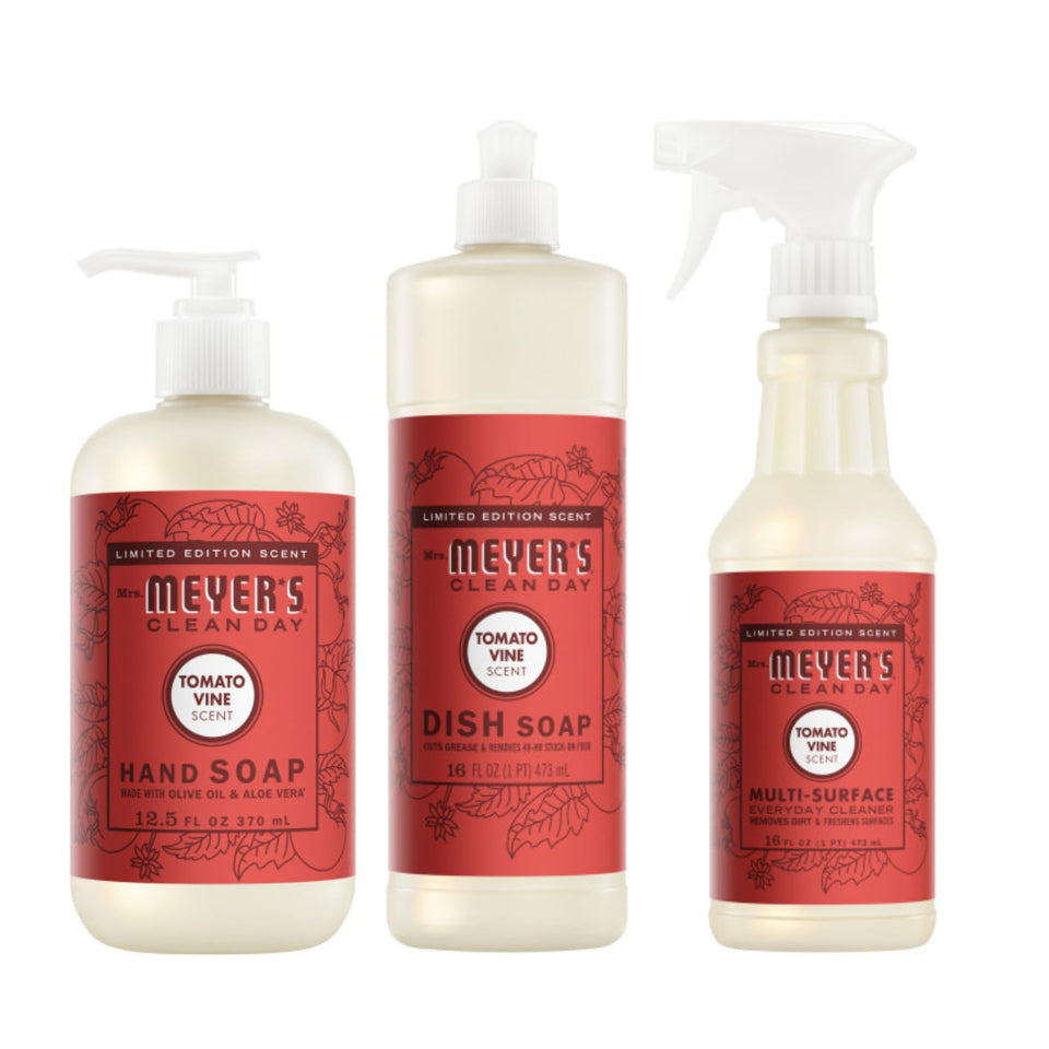 Mrs. MEYER'S three-pack front view showing coordinated Tomato Vine bottles and benefits