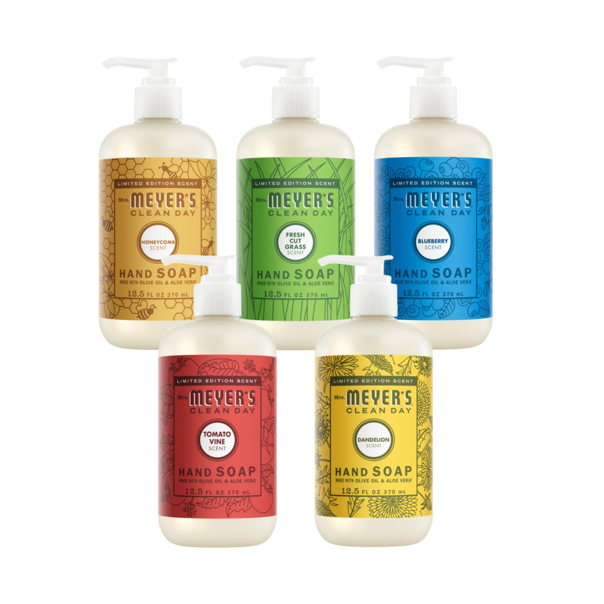 Mrs. MEYER'S variety pack front packaging showing five bottles, convenient multi-room use