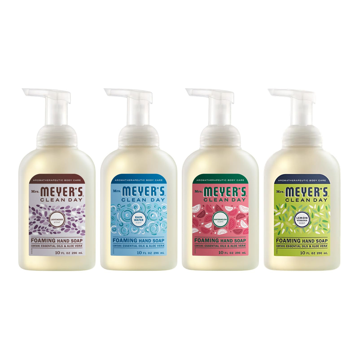 Mrs. Meyer's variety pack front view showing four scented foaming soaps, practical storage