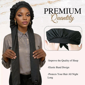 MsFan bonnet in use with long braids tucked in to protect styles overnight