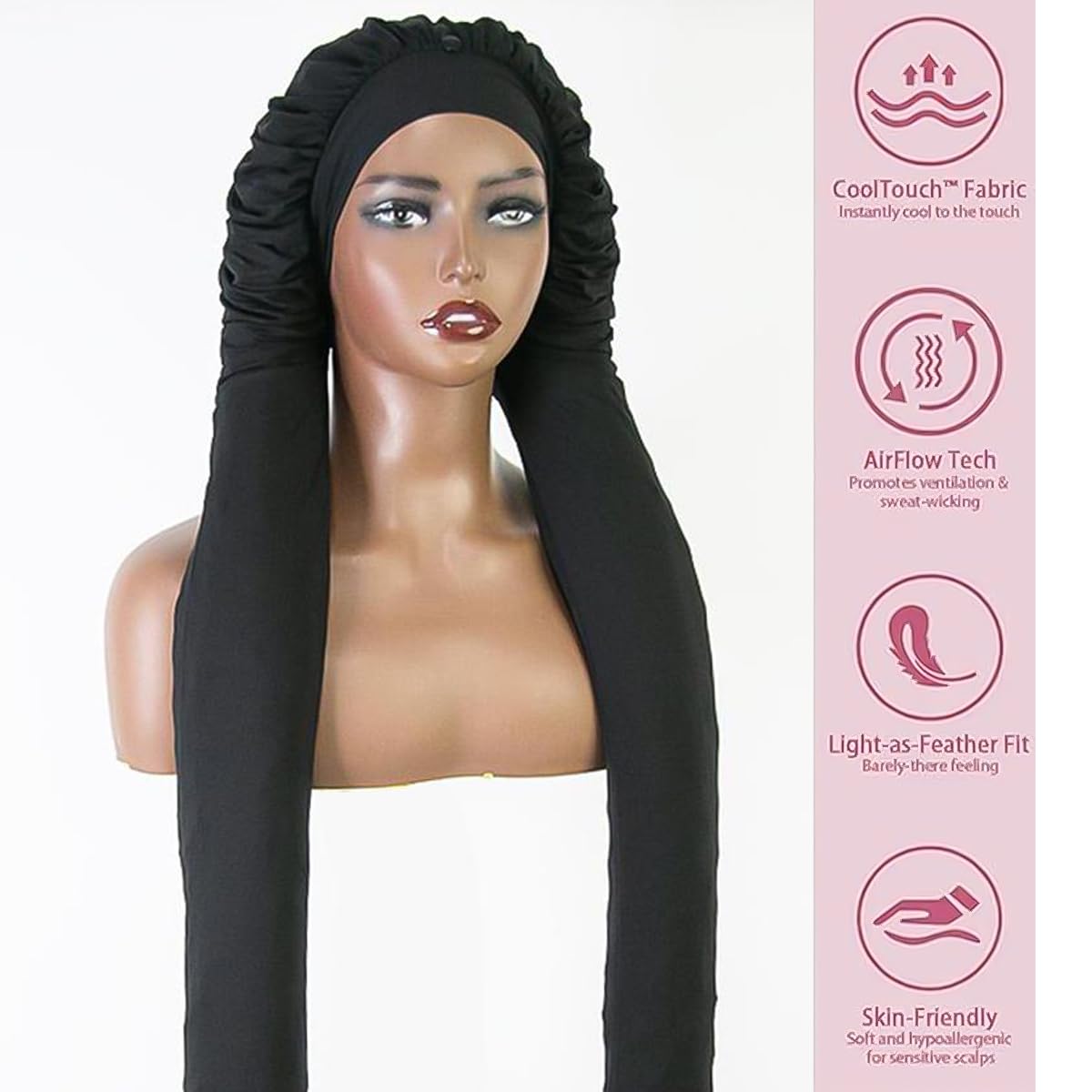 MsFan bonnet beside a hand to show scale and roomy fit for thick hair
