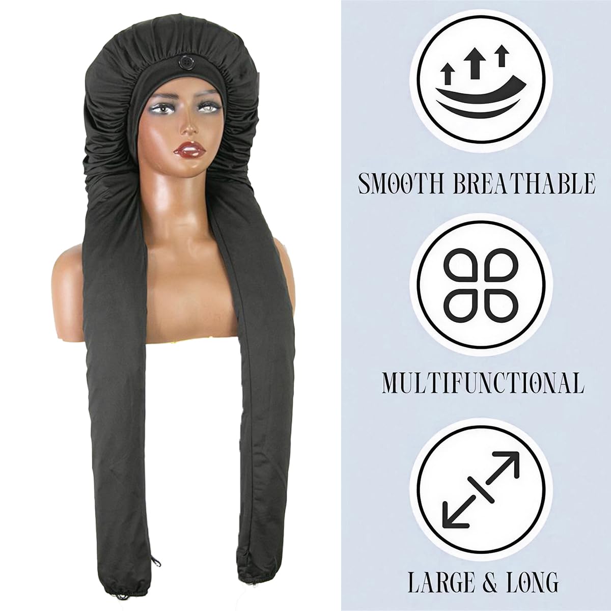 MsFan worn with long braids showing secure containment and reduced frizz