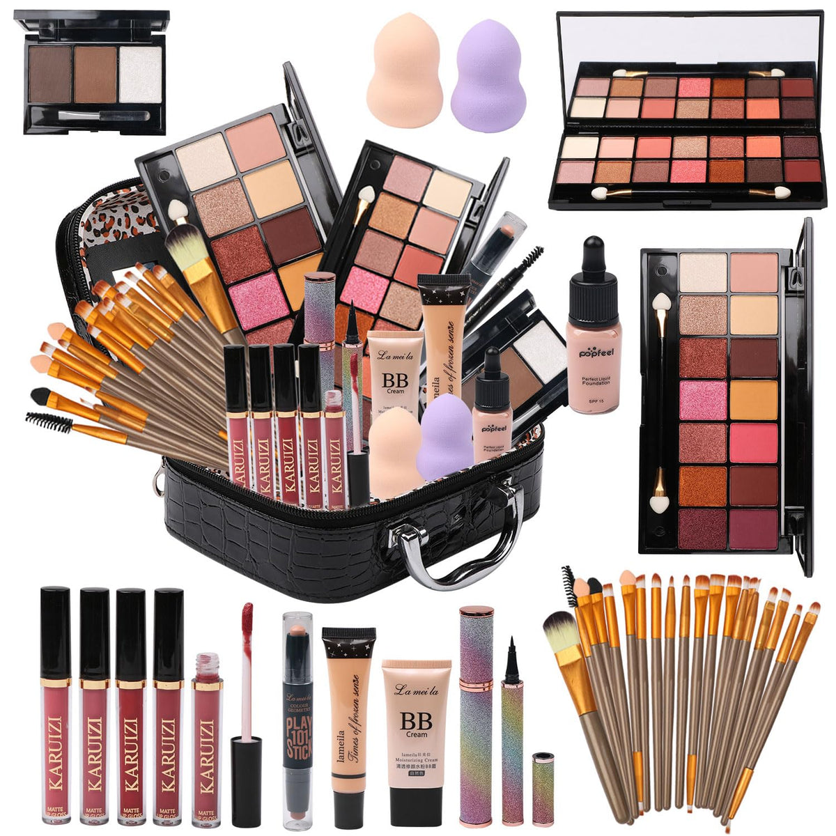 MTDXILTAI front packaging of full black makeup kit showing included items