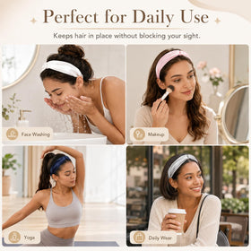 MTLEE headband in use while washing face keeping hair neatly away